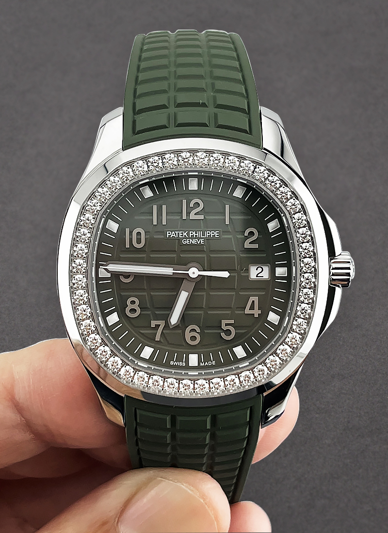 Aquanaut Luce 5267 in Steel with Diamond Bezel on Khaki Green Rubber Strap with Khaki Green Aquanaut Pattern Dial 5267 200A 011