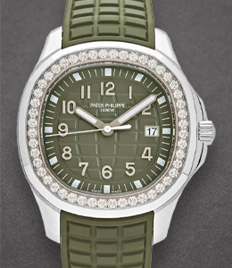 Aquanaut Luce 5267 in Steel with Diamond Bezel on Khaki Green Rubber Strap with Khaki Green Aquanaut Pattern Dial