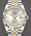 Datejust 36mm in Steel with Yellow Gold Fluted Bezel on Jubilee Bracelet with Silver Roman Dial with Diamond VI & IX