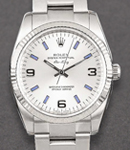 Air King 34mm in Steel with White Gold Fluted Bezel on Oyster Bracelet with Silver Arabic Dial - Blue Index Marker