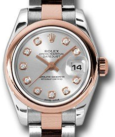 Lady Datejust in Steel with Rose Gold Smooth Bezel on Oyster Bracelet with Silver Diamond Dial