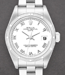 Ladies Date 26mm in Steel with Engine Turned Bezel on Oyster Bracelet with White Roman Dial