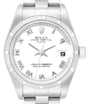 Ladies Date 26mm in Steel with Engine Turned Bezel on Oyster Bracelet with White Roman Dial