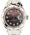 Masterpiece Mid Size 34mm in White Gold with 12 Diamond Bezel on White Gold Pearlmaster Bracelet with Black MOP Diamond Dial