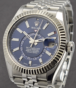 Sky Dweller in Stainless Steel with Fluted Bezel on Steel Jubilee Bracelet with Blue Stick Dial