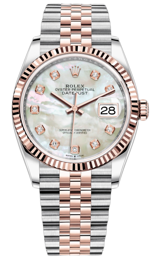 Datejust 36mm in Steel with Rose Gold Fluted Bezel on Jubilee Bracelet with Mother of Pearl Diamond Dial