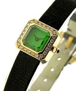 Lady's Sugar Cube in Yellow Gold with Diamond Bezel on Black Strap with Green Dial