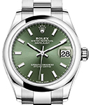 Mid Size 31mm DateJust in Steel with Smooth Bezel on Oyster Bracelet with Green Stick Dial