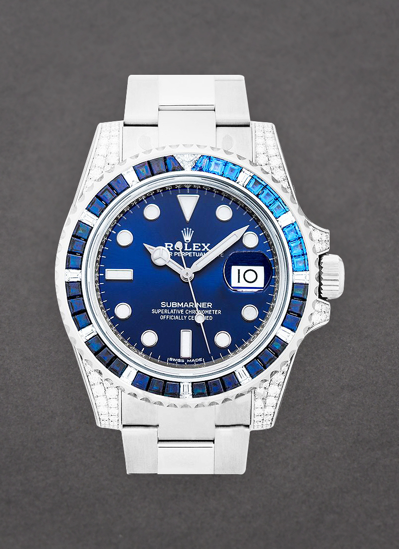 Pre-Owned Rolex Submariner in White Gold with Blue Sapphire Bezel - Diamonds on Lugs