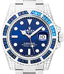 Submariner in White Gold with Blue Sapphire Bezel - Diamonds on Lugs on Oyster Bracelet with Blue Dial