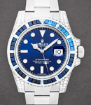 Submariner in White Gold with Blue Sapphire Bezel - Diamonds on Lugs on Oyster Bracelet with Blue Dial