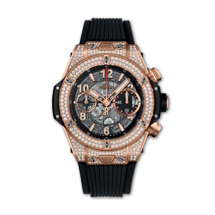 Big Bang Unico Jewellery 42mm in Rose Gold with Diamonds om Bezel and Lugs on Black Rubber Strap with Skeleton Dial