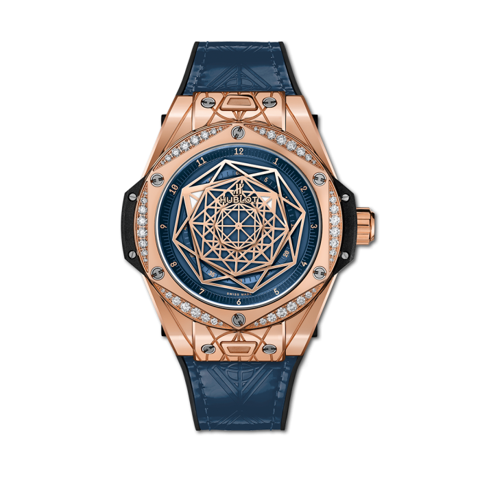 Big Bang Sang Bleu 39mm in Rose Gold with Diamond Bezel on Blue Leather Strap with Blue Dial