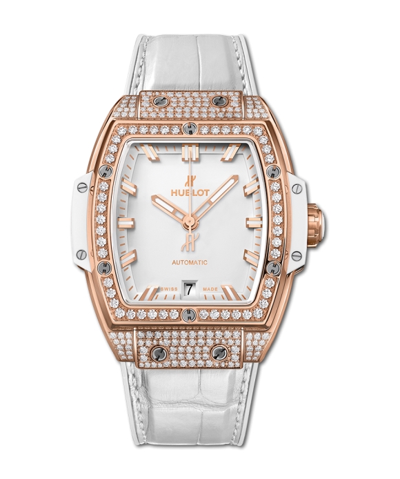 Spirit of Big Bang 39mm in Rose Gold with Diamond on Bezel and Lugs on White Crocodile Leather Strap with White Dial