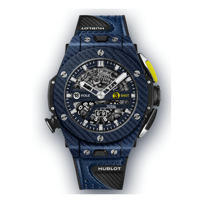 Big Bang Unico Golf 45mm in Blue Carbon Fiber on Blue and Black Strap with Skeleton Dial