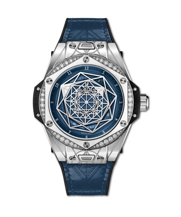 Big Bang One Click Sang Blue in Polished Steel with Diamond Bezel on Black Rubber & Blue Calf Leather Strap with Blue Dial