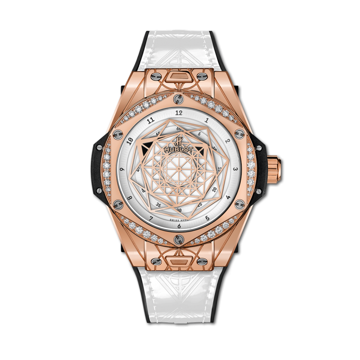 Big Bang Sang Bleu 39mm in Rose Gold with Diamond Bezel on White Rubber and Calfskin Leather Strap with White Dial