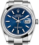 Datejust 36 in Steel with Smooth Bezel on Oyster Bracelet with Blue Fluted Motif Stick Dial