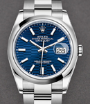 Datejust 36 in Steel with Smooth Bezel on Oyster Bracelet with Blue Fluted Motif Stick Dial