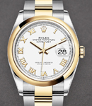 Datejust 36mm in Steel with Yellow Gold Smooth Bezel on Oyster Bracelet with White Roman Dial