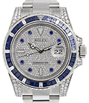 Submariner 40mm in White Gold with Blue Sapphire Bezel - Diamonds on Lugs on Oyster Bracelet with Pave Diamond Dial