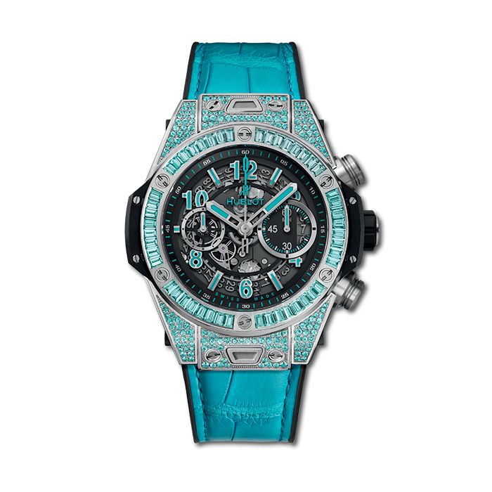 Big Bang Unico 45mm Automatic in White Gold with Paraiba Paraiba Tourmalines Brilliants on Blue Alligator & Rubber Strap with Skeleton Diamond Dial
