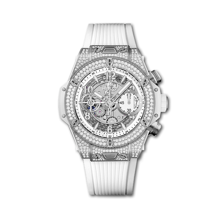 Big Bang UNICO 42mm in Titanium with Diamond Bezel & Lugs on White Rubber Strap with Skeleton Dial