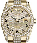 Day-Date 36mm President in Yellow Gold with Diamond Bezel & Lugs on President Diamond Bracelet with Pave Diamond Roman Dial
