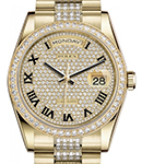 Day Date 36mm President in Yellow Gold with Diamond Bezel on President Bracelet with Pave Diamond Dial - Roman Markers