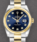 Lady 26mm Datejust in Steel with Yellow Gold Domed Bezel on Oyster Bracelet with Blue Diamond Dial