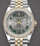 Datejust 36mm in Steel with Yellow Gold Diamond Bezel on Jubilee Bracelet with Grey Green Roman Dial