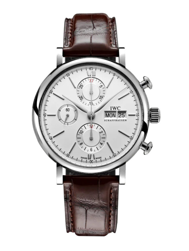 Portofino Chronograph 42mm in Steel on Brown Alligator Leather Strap with Silver Dial