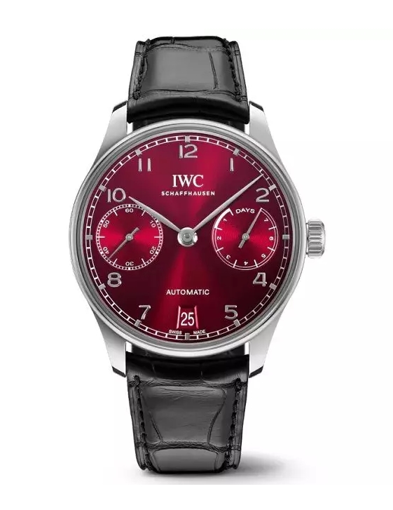 Portuguese 7 Day Automatic in Steel on Black Alligator Leather Strap with Burgundy Dial
