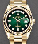 President 36mm in Yellow Gold with Fluted Bezel on President Bracelet with Green Diamond Dial