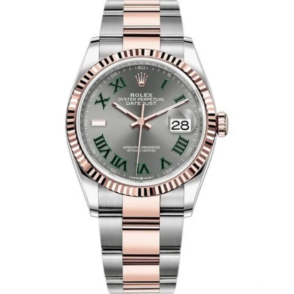 Datejust 36mm in Steel with Rose Gold Fluted Bezel on Bracelet with Wimbledon Roman Dial