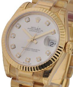 Midsize 31mm President in Yellow Gold with Fluted Bezel on President Bracelet with Silver Diamond Dial