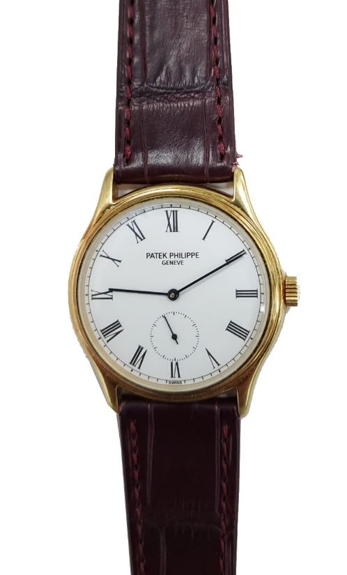 3923J Calatrava in Yellow Gold on Brown Crocodile Leather Strap with White Dial
