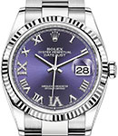 Datejust 36mm in Steel with White Gold Fluted Bezel on Oyster Bracelet with Purple Roman Dial - Diamonds on 6 & 9