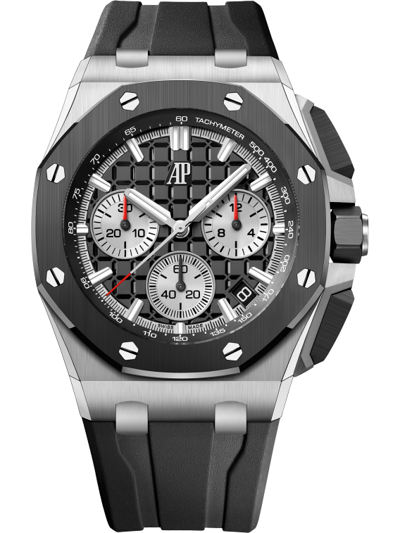 Royal Oak Offshore Chronograph in Steel on Interchangeable Black Rubber Strap with Black Mega Tapisserie Dial