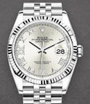 Datejust 36mm in Steel with White Gold Fluted Bezel on Jubilee Bracelet with Silver Roman Dial - Diamonds on 6 & 9