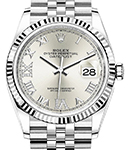 Datejust 36mm in Steel with White Gold Fluted Bezel on Jubilee Bracelet with Silver Roman Dial - Diamonds on 6 & 9
