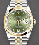 Datejust 36mm in Steel with Yellow Gold Smooth Bezel on Oyster Bracelet with Green Roman Dial - Diamonds on 6 & 9