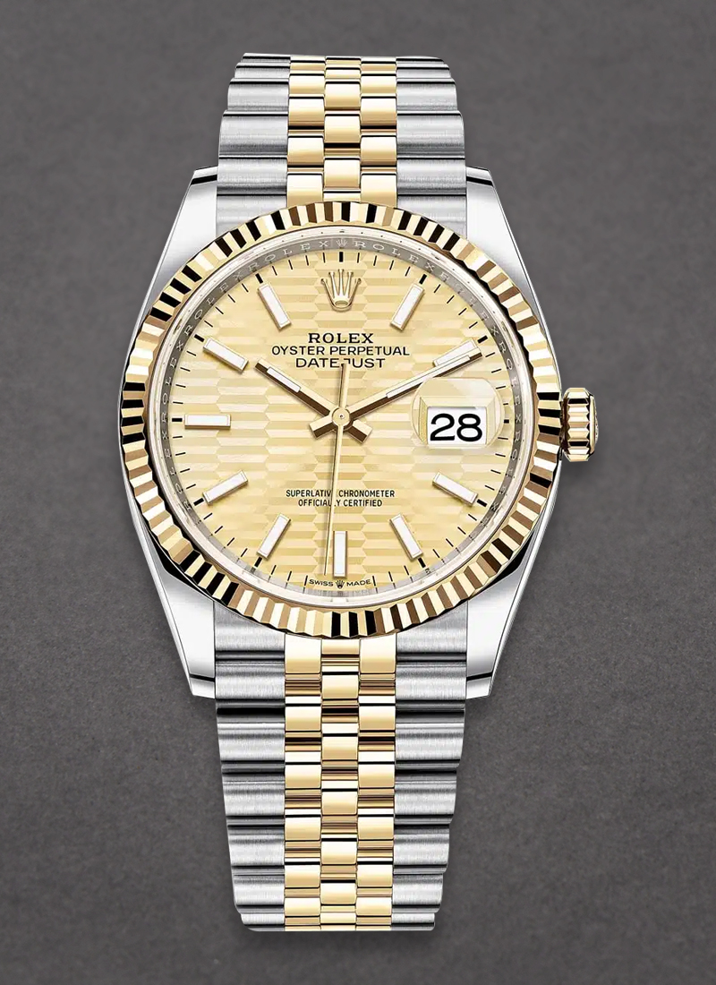 Rolex Unworn Datejust 36mm in Steel with Yellow Gold Fluted Bezel