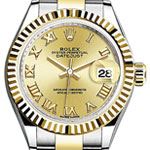 Datejust 26mm in Steel with Yellow Gold Fluted Bezel on Oyster Bracelet with Champagne Roman Dial
