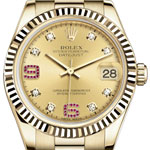 Midsize President 31mm in Yellow Gold with Fluted Bezel on President Bracelet with Champagne Diamond Dial - Ruby on 6 and 9