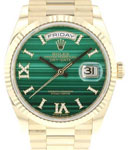 President Day-Date 36mm in Yellow Gold with Fluted Bezel on President Bracelet with Green Malachite Roman Diamond Dial