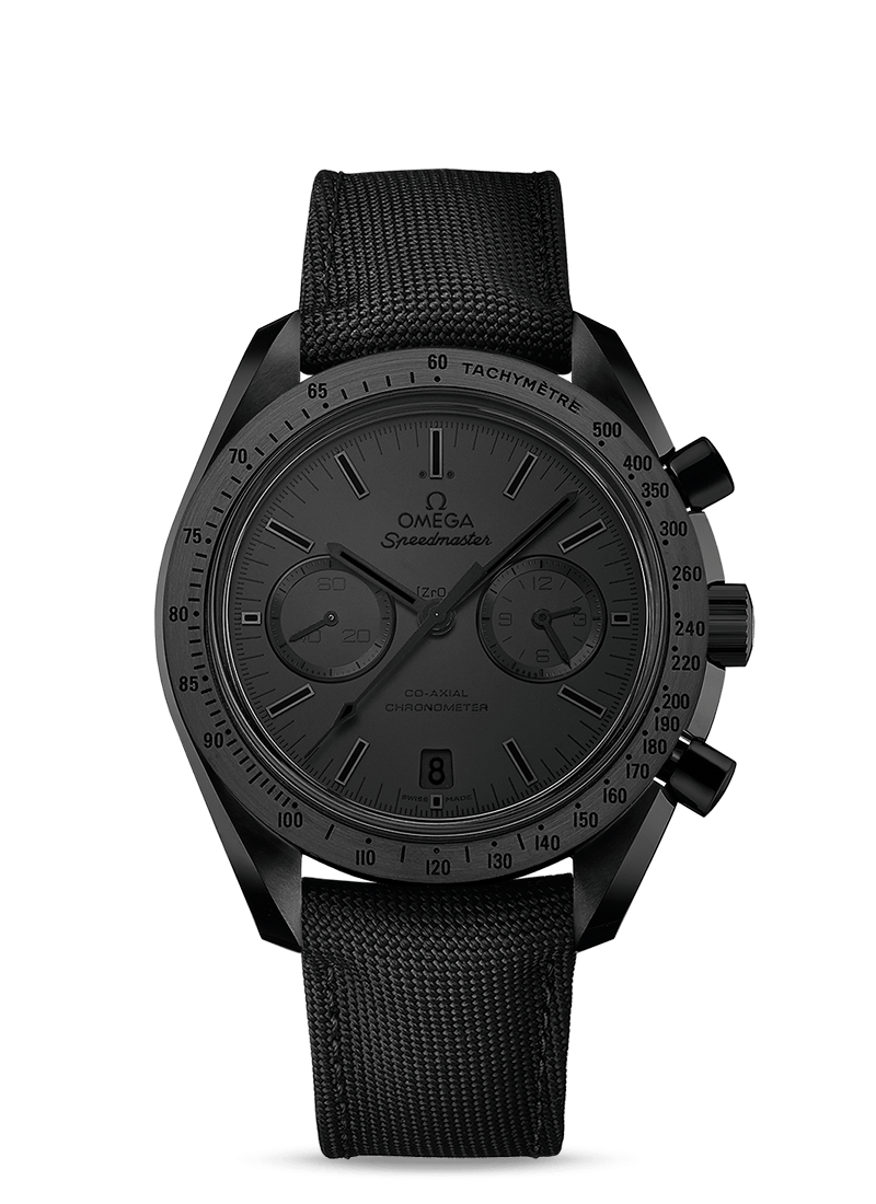 Dark Side of the Moon Co-Axial Chronometer Chronograph Speedmaster in Black Ceramic on Black Fabric Strap with Black Dial
