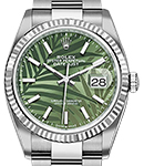 Datejust 36mm in Steel with White Gold Fluted Bezel on Oyster Bracelet with Green Palm Motif Dial