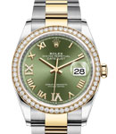 Datejust 36mm in Steel with Yellow Gold Diamond Bezel on Oyster Bracelet with Green Roman Dial - Diamonds on 6 & 9