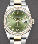 Datejust 36mm in Steel with Yellow Gold Diamond Bezel on Oyster Bracelet with Green Roman Dial - Diamonds on 6 & 9